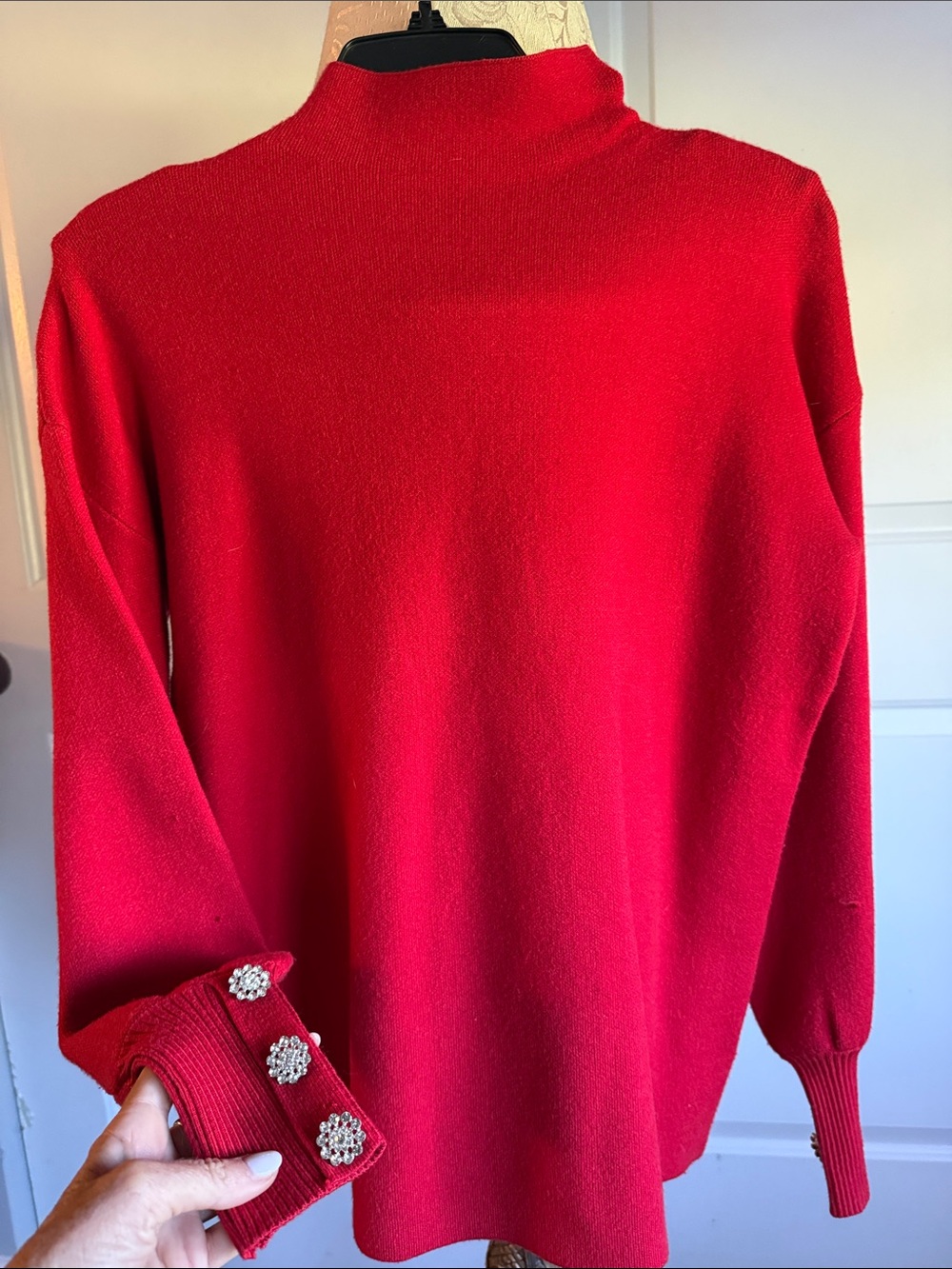 Tahari Red Mock Neck Sweater with Decorative Cuff Buttons